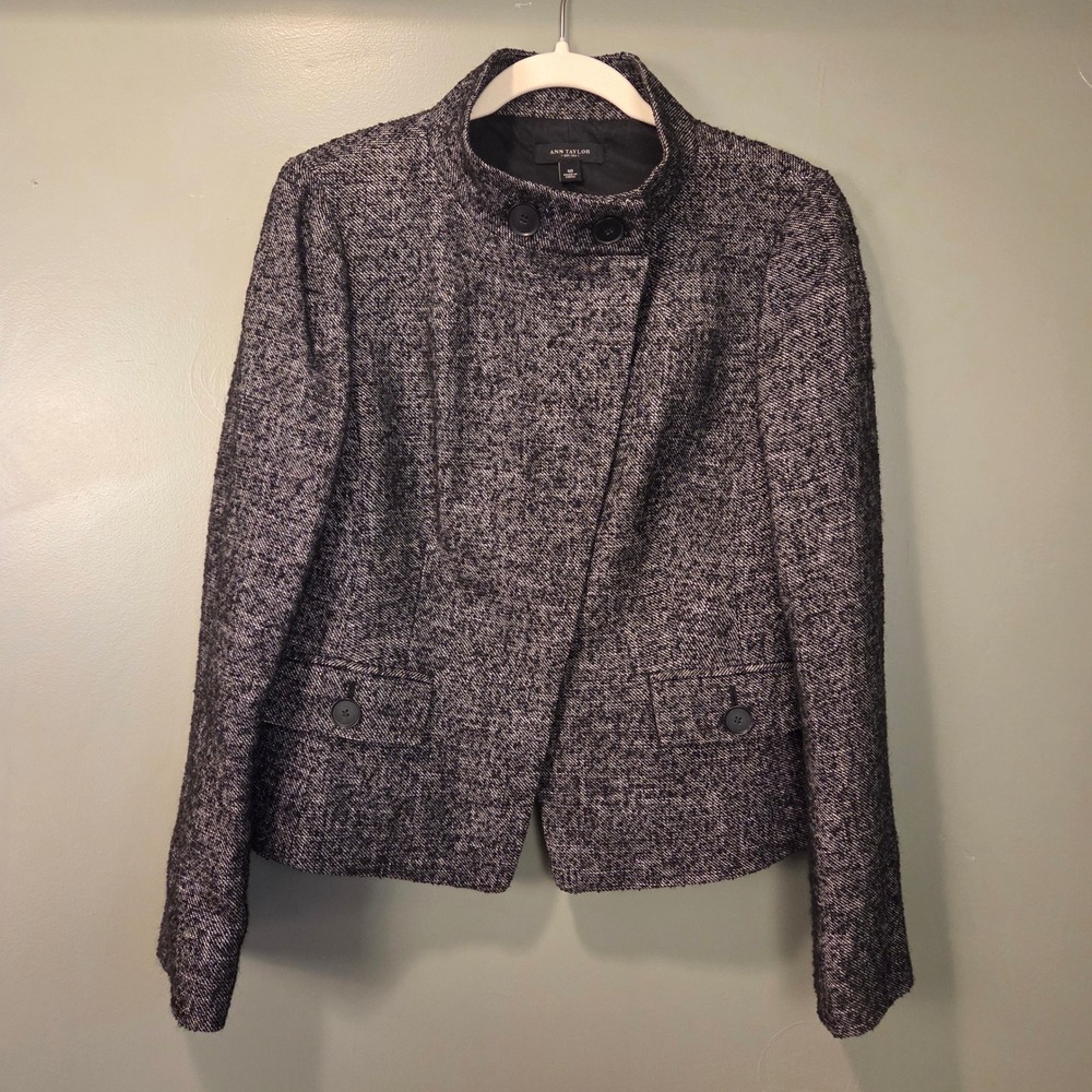Ann Taylor Wool Blend Tweed Blazer Jacket Size 10 Black White Office Classic - Picture 3 of 10